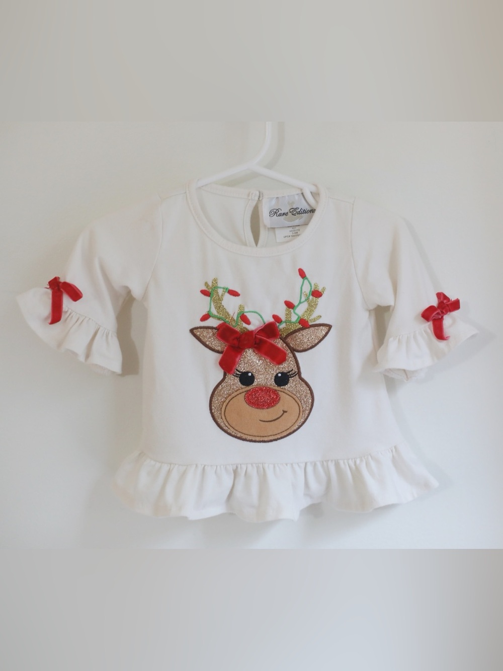 Rare Editions Baby Girl Reindeer Christmas Top Ivory Ruffle Bell Sleeve 3-6M